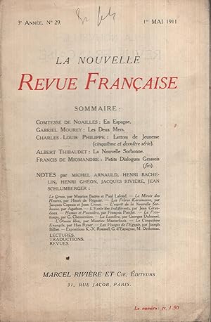 Bild des Verkufers fr La Nouvelle Revue Franaise Mai 1911 N 29 zum Verkauf von Librairie Lalibela