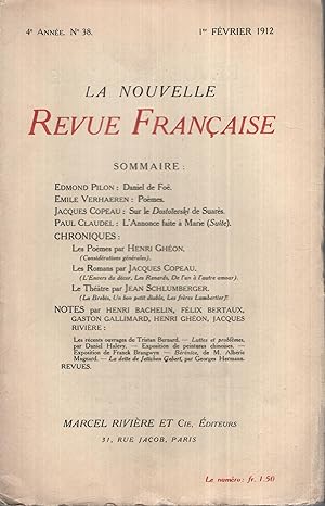 Imagen del vendedor de La Nouvelle Revue Franaise Fvrier 1912 N 38 a la venta por Librairie Lalibela