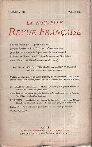 Immagine del venditore per La Nouvelle Revue Franaise Aot 1925 N 143 venduto da Librairie Lalibela