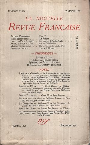 Imagen del vendedor de La Nouvelle Revue Franaise Janvier 1930 N 196 a la venta por Librairie Lalibela