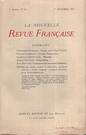 Imagen del vendedor de La Nouvelle Revue Franaise Octobre 1911 N 34 a la venta por Librairie Lalibela
