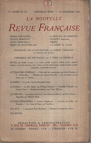 Imagen del vendedor de La Nouvelle Revue Franaise Novembre 1923 N 122 a la venta por Librairie Lalibela