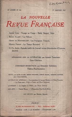 Imagen del vendedor de La Nouvelle Revue Franaise Janvier 1927 N 160 a la venta por Librairie Lalibela