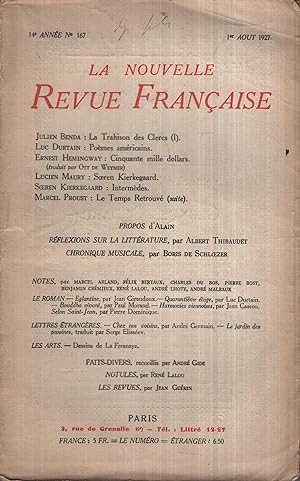 Imagen del vendedor de La Nouvelle Revue Franaise Aot 1927 N 167 a la venta por Librairie Lalibela
