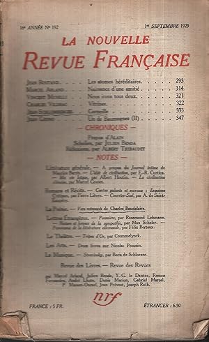 Bild des Verkufers fr La Nouvelle Revue Franaise Septembre 1929 N 192 zum Verkauf von Librairie Lalibela
