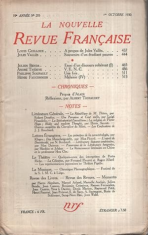 Imagen del vendedor de La Nouvelle Revue Franaise Octobre 1930 N 205 a la venta por Librairie Lalibela