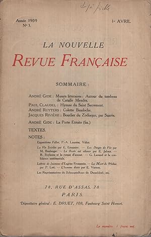 Imagen del vendedor de La Nouvelle Revue Franaise Avril 1909 N 3 a la venta por Librairie Lalibela