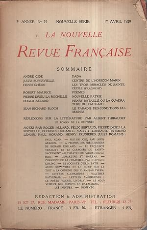 Immagine del venditore per La Nouvelle Revue Franaise Avril 1920 N 79 venduto da Librairie Lalibela