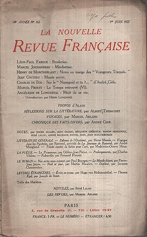 Imagen del vendedor de La Nouvelle Revue Franaise Juin 1927 N 165 a la venta por Librairie Lalibela