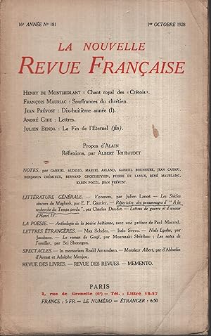 Imagen del vendedor de La Nouvelle Revue Franaise Octobre 1928 N 181 a la venta por Librairie Lalibela
