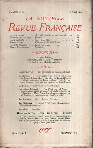 Imagen del vendedor de La Nouvelle Revue Franaise Aot 1930 N 203 a la venta por Librairie Lalibela
