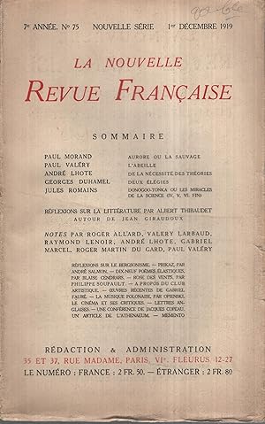 Bild des Verkufers fr La Nouvelle Revue Franaise Dcembre 1919 N 75 zum Verkauf von Librairie Lalibela
