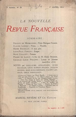 Bild des Verkufers fr La Nouvelle Revue Franaise Avril 1911 N 28 zum Verkauf von Librairie Lalibela