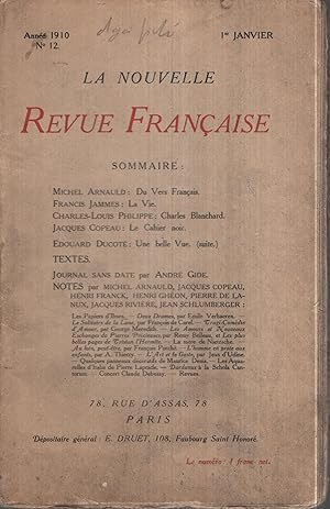 Bild des Verkufers fr La Nouvelle Revue Franaise Janvier 1910 N 12 zum Verkauf von Librairie Lalibela