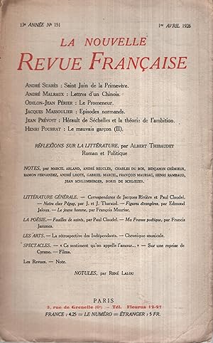 Image du vendeur pour La Nouvelle Revue Franaise Avril 1926 N 151 mis en vente par Librairie Lalibela