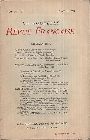 Imagen del vendedor de La Nouvelle Revue Franaise Avril 1913 N 52 a la venta por Librairie Lalibela