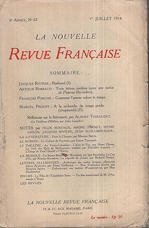 Imagen del vendedor de La Nouvelle Revue Franaise Juillet 1914 N 67 a la venta por Librairie Lalibela