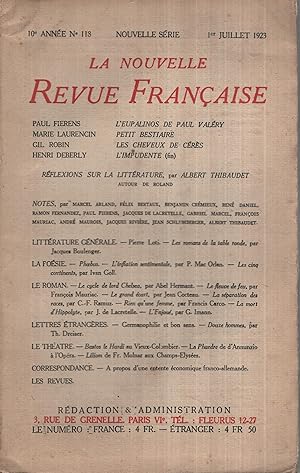 Imagen del vendedor de La Nouvelle Revue Franaise Juillet 1923 N 118 a la venta por Librairie Lalibela