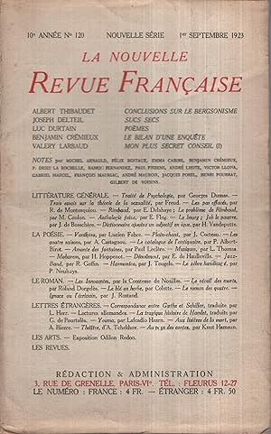 Imagen del vendedor de La Nouvelle Revue Franaise Septembre 1923 N 120 a la venta por Librairie Lalibela