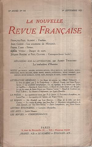 Imagen del vendedor de La Nouvelle Revue Franaise Septembre 1925 N 144 a la venta por Librairie Lalibela