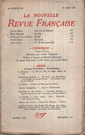 Seller image for La Nouvelle Revue Franaise Aot 1929 N 191 for sale by Librairie Lalibela