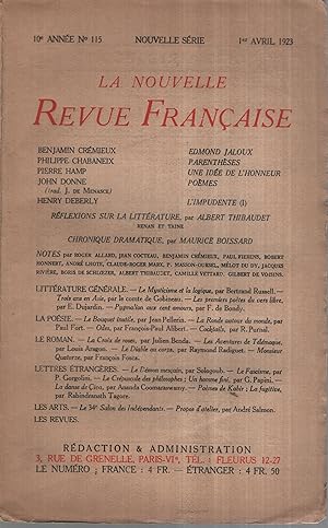 Imagen del vendedor de La Nouvelle Revue Franaise Avril 1923 N 115 a la venta por Librairie Lalibela