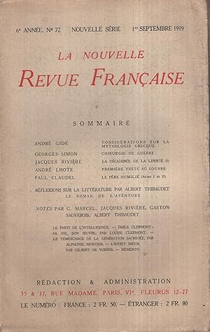 Imagen del vendedor de La Nouvelle Revue Franaise Septembre 1919 N 72 a la venta por Librairie Lalibela