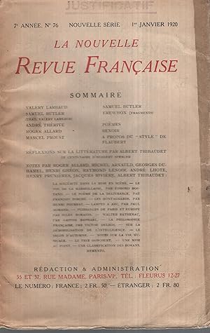 Imagen del vendedor de La Nouvelle Revue Franaise Janvier 1920 N 76 a la venta por Librairie Lalibela