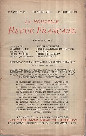 Imagen del vendedor de La Nouvelle Revue Franaise Octobre 1920 N 85 a la venta por Librairie Lalibela