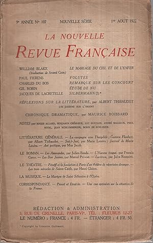 Imagen del vendedor de La Nouvelle Revue Franaise Aot 1922 N 107 a la venta por Librairie Lalibela