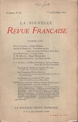 Bild des Verkufers fr La Nouvelle Revue Franaise Octobre 1912 N 46 zum Verkauf von Librairie Lalibela