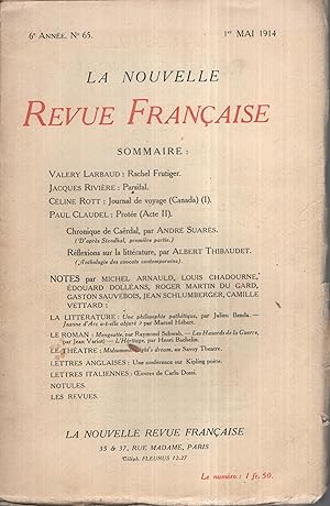 Image du vendeur pour La Nouvelle Revue Franaise Mai 1914 N 65 mis en vente par Librairie Lalibela