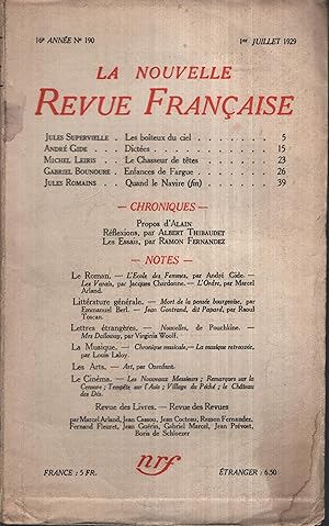 Bild des Verkufers fr La Nouvelle Revue Franaise Juillet 1929 N 190 zum Verkauf von Librairie Lalibela