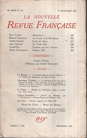 Bild des Verkufers fr La Nouvelle Revue Franaise Septembre 1930 N 204 zum Verkauf von Librairie Lalibela