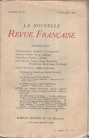 Seller image for La Nouvelle Revue Franaise Juillet 1912 N 43 for sale by Librairie Lalibela