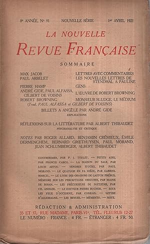 Imagen del vendedor de La Nouvelle Revue Franaise Avril 1921 N 91 a la venta por Librairie Lalibela