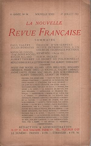 Imagen del vendedor de La Nouvelle Revue Franaise Juillet 1921 N 94 a la venta por Librairie Lalibela