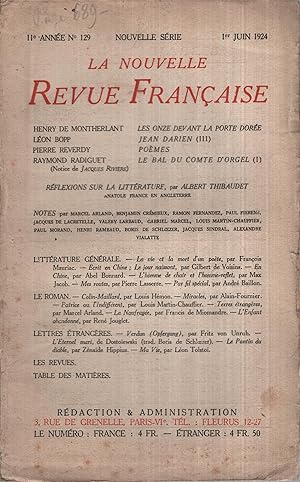 Imagen del vendedor de La Nouvelle Revue Franaise Juin 1924 N 129 a la venta por Librairie Lalibela