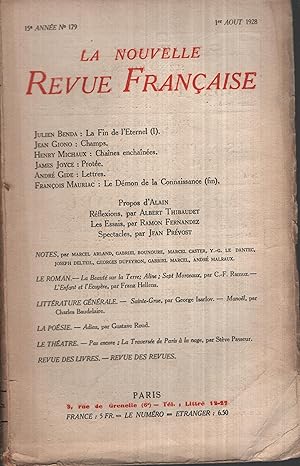 Seller image for La Nouvelle Revue Franaise Aot 1928 N 179 for sale by Librairie Lalibela