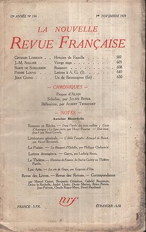 Bild des Verkufers fr La Nouvelle Revue Franaise Novembre 1929 N 194 zum Verkauf von Librairie Lalibela
