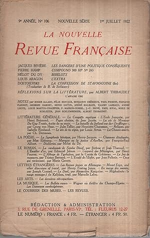 Imagen del vendedor de La Nouvelle Revue Franaise Juillet 1922 N 106 a la venta por Librairie Lalibela