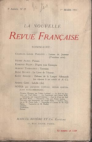 Immagine del venditore per La Nouvelle Revue Franaise Mars 1911 N 27 venduto da Librairie Lalibela