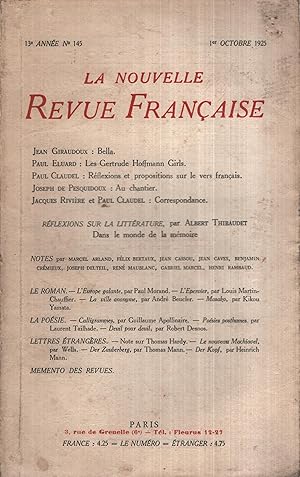 Bild des Verkufers fr La Nouvelle Revue Franaise Octobre 1925 N 145 zum Verkauf von Librairie Lalibela