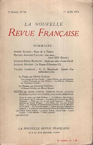 Imagen del vendedor de La Nouvelle Revue Franaise Juin 1913 N 54 a la venta por Librairie Lalibela