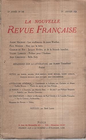 Image du vendeur pour La Nouvelle Revue Franaise janvier 1926 N 148 mis en vente par Librairie Lalibela