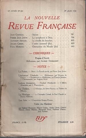 Seller image for La Nouvelle Revue Franaise Juin 1930 N 201 for sale by Librairie Lalibela