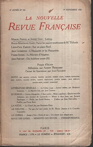 Bild des Verkufers fr La Nouvelle Revue Franaise Novembre 1928 N 182 zum Verkauf von Librairie Lalibela