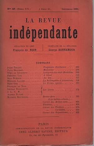 Bild des Verkufers fr La Revue indpendante n 47 septembre 1890 zum Verkauf von Librairie Lalibela