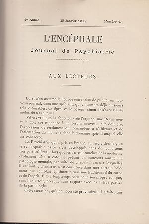 Imagen del vendedor de L'Encphale journal de neurologie et de psychiatrie fonde par A. Antheaume, publi et dirig par Henri Claude & Jean Lhermitte 1906 (premire anne) tome 1 premier semestre a la venta por LIBRAIRIE PIMLICO