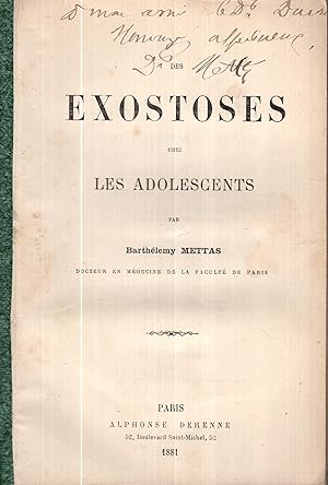 Imagen del vendedor de Des exostoses chez les adolescents (thses soutenue devant Charles Richet & Hardy) a la venta por LIBRAIRIE PIMLICO